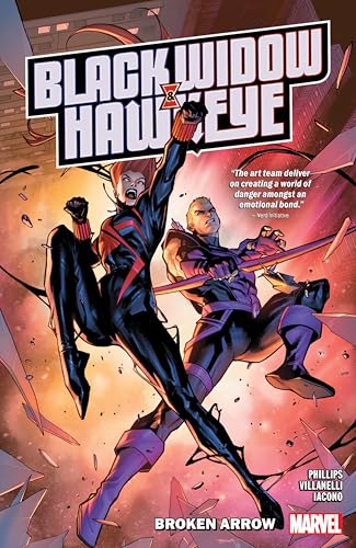 Comic book cover featuring Black Widow and Hawkeye in action poses.