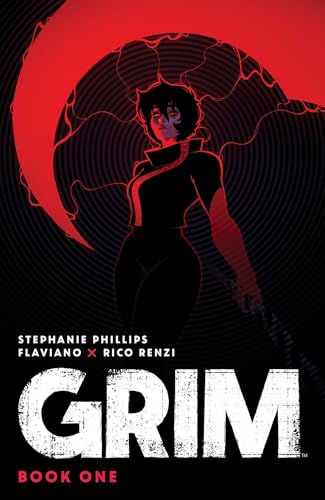 Dark comic book cover featuring a silhouetted woman and a red moon.