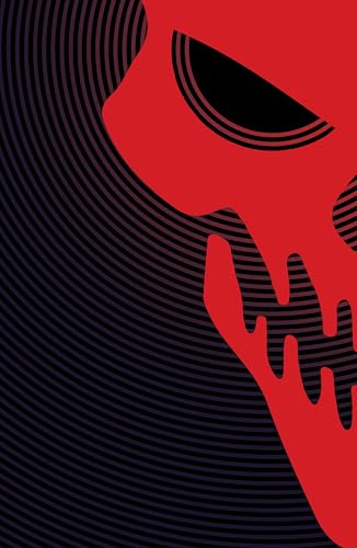 Red and black graphic of a skull’s right side with curved lines.