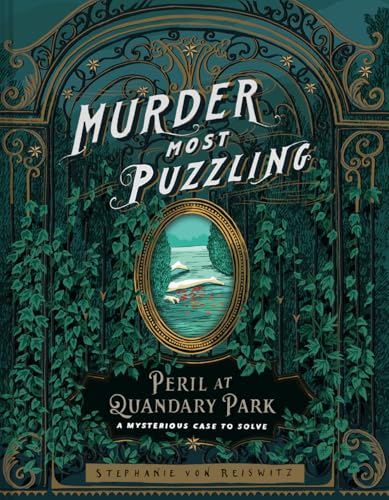 Book cover with ornate gold frame, green foliage, and a lake scene.