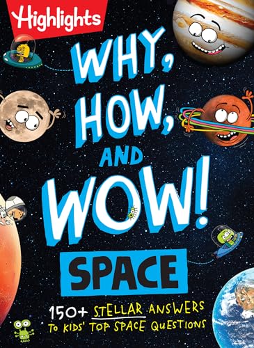 Book cover titled Why, How, and Wow! Space featuring cartoon planets against starry background.