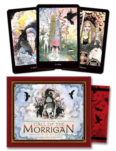 Oracle card deck with illustrated figures, ravens, and red box packaging.