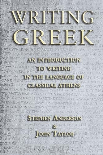 Book cover: "Writing Greek" with ancient Greek text background.