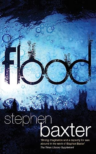 Book cover for Flood by Stephen Baxter showing a submerged city under blue water.