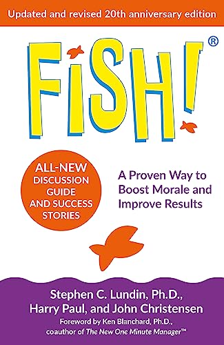 Book cover for "Fish!", featuring large yellow lettering and an orange fish.