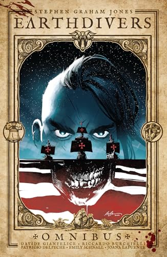 “Earthdivers” omnibus cover: face with ships in mouth, ornate gold frame.