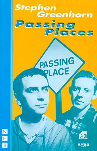 Play script cover with two men’s faces and a passing place sign.