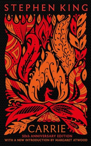 Book cover of Carrie by Stephen King featuring orange and red flame-like floral patterns.