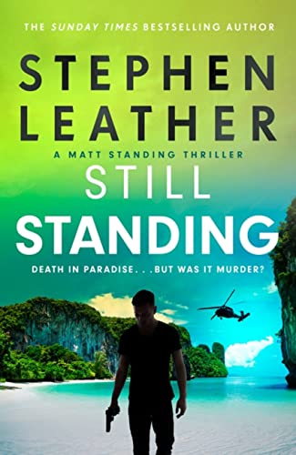 Book cover featuring a man holding a gun on a beach with a helicopter.