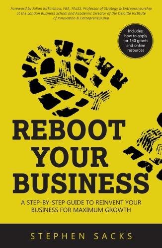 Yellow book cover with black footprints and bold text: “Reboot Your Business”.