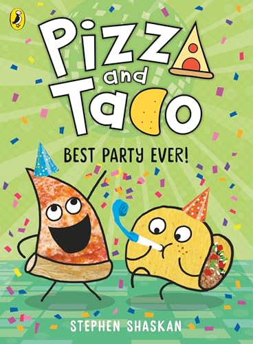 Cartoon pizza slice and taco wearing party hats celebrate amidst confetti on green background.