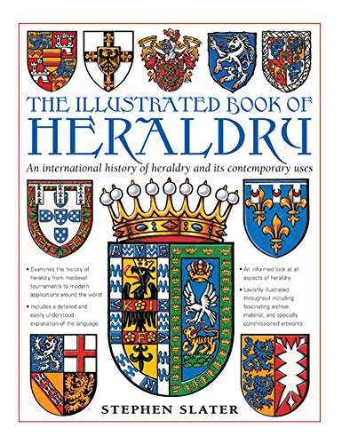 Book cover titled The Illustrated Book of Heraldry featuring various colorful coats of arms.