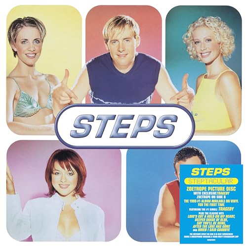 Steps band members portrait with album title "Steptacular" and vinyl record.