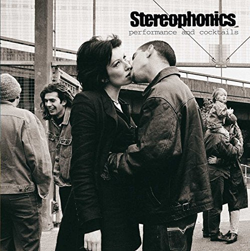 Stereophonics album cover: couple kissing under a bridge, black and white.