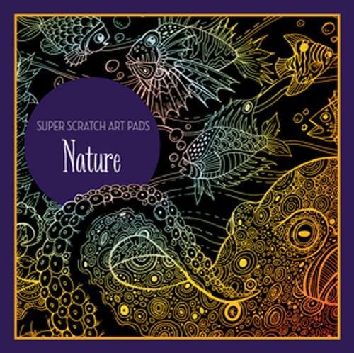 Black scratch art pad cover with colorful nature designs and “Nature” text.