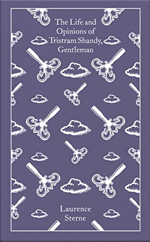 Book cover: “Tristram Shandy” by Laurence Sterne, patterned purple background.