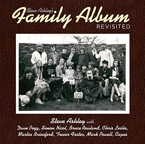"Brown album cover with black-and-white photo of people posing outdoors, titled 'Family Album Revisited'."