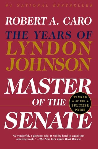 Book cover for Master of the Senate by Robert A. Caro on red background.