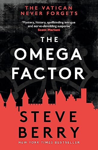 Book cover for The Omega Factor by Steve Berry with a red skyline silhouette.