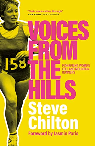 Book cover featuring a female runner in yellow, titled "Voices from the Hills".