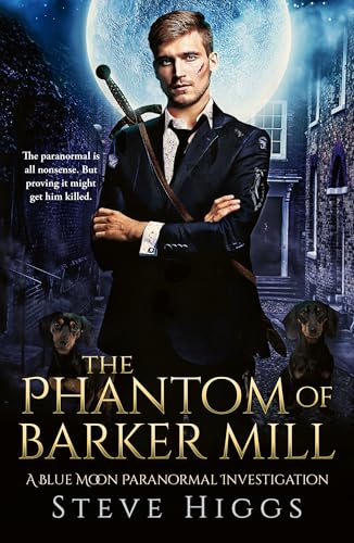 Book cover: man with sword, full moon, and two dachshunds.