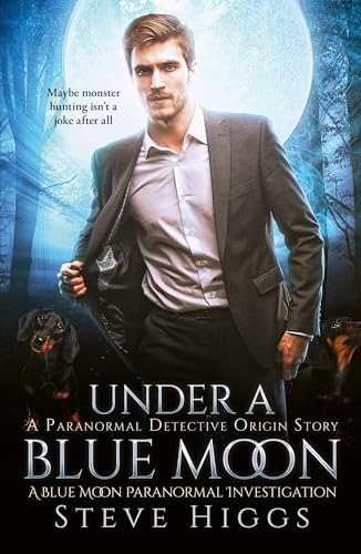 Book cover: man with dog, large blue moon, dark forest background.