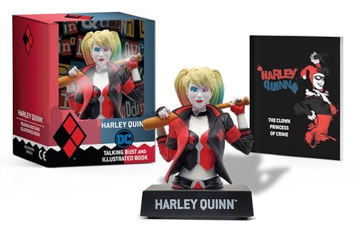 Harley Quinn bust and illustrated book set in red and black packaging.