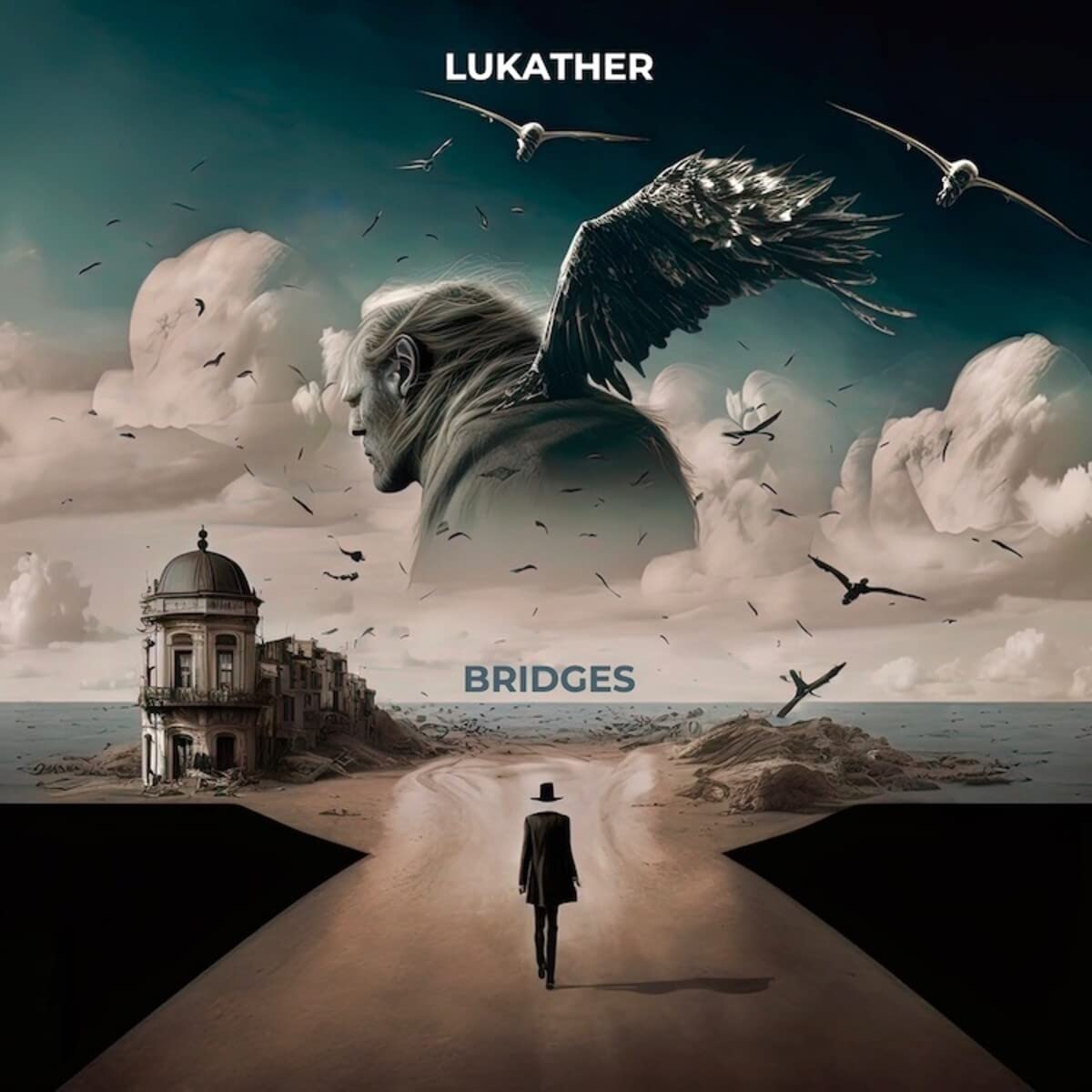 CD cover for "Bridges" by Lukather, featuring a man with wings and seascape.
