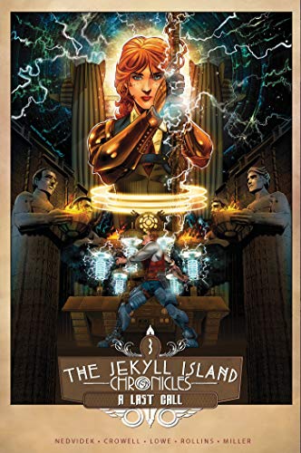 Book cover: woman with glowing device, statues, and explosions.