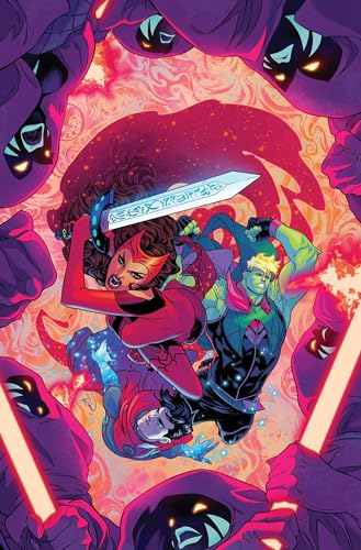 Scarlet Witch wielding a glowing sword, surrounded by hooded figures.