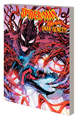 Spider-Man 2099 cover: blue suit, red tendrils, and a dark, looming figure.