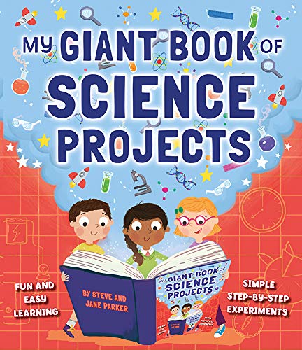 Book cover with children reading, surrounded by science imagery.