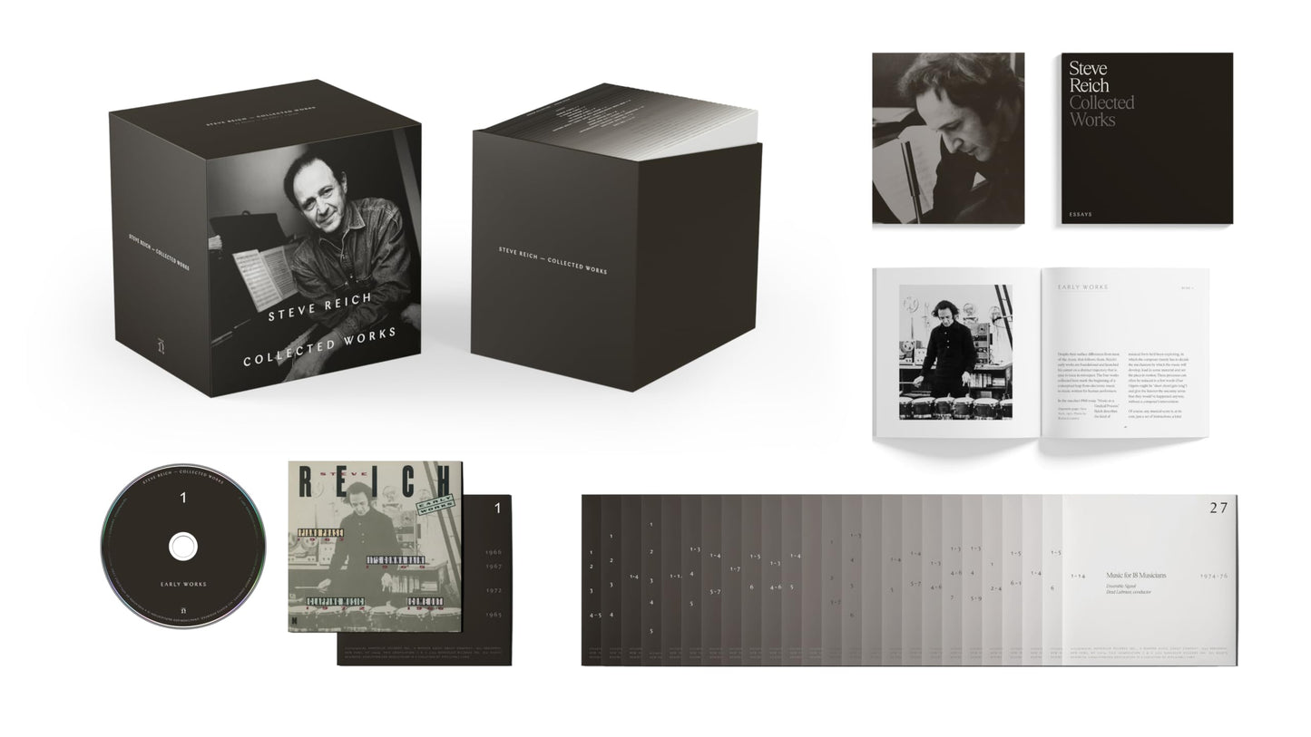 CD box set with black packaging, discs, booklets, and black-and-white portraits of Steve Reich.