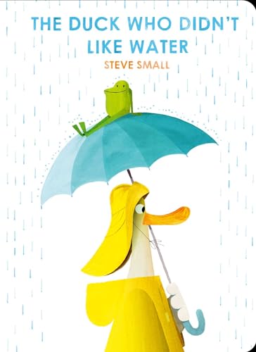 A duck in a yellow raincoat holds an umbrella for a frog in the rain.