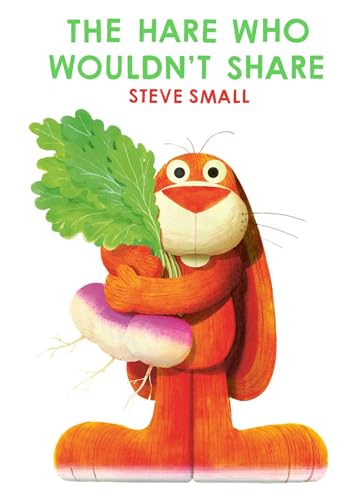 Book cover illustration of an orange hare holding two large turnips against white background.
