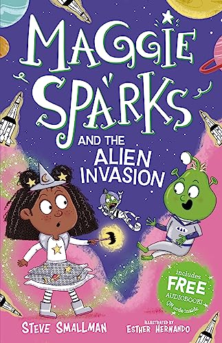 Book cover: young witch, green alien, and spaceships in purple space.