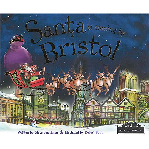 Santa in a sleigh flies over Bristol landmarks at night.