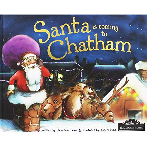 Book cover: Santa with reindeer, chimney, and festive lights.