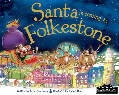 Santa and reindeer fly over a brightly lit, illustrated Folkestone town.
