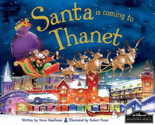 Santa and reindeer fly over a nighttime coastal town.