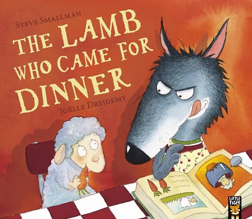 Book cover: wolf and lamb at a dinner table, reading a book.