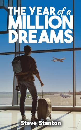 Book cover: man with luggage looking at airplanes through airport window.