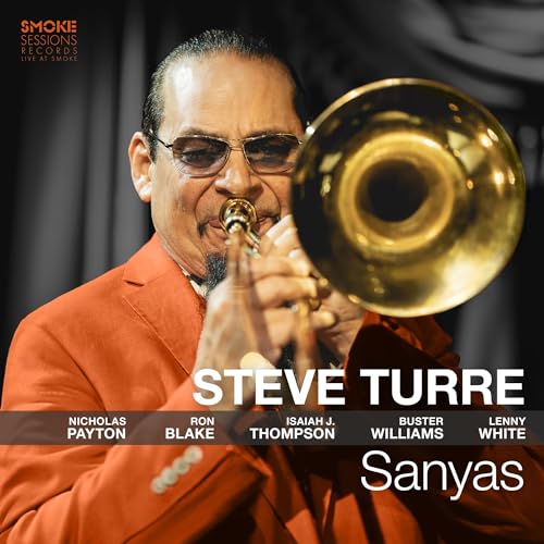 Steve Turre playing a golden trombone, album cover for "Sanyas.