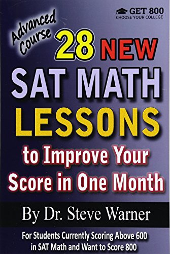 Book cover: "28 New SAT Math Lessons" by Steve Warner, dark blue background.
