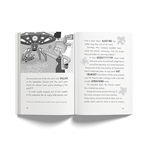 An open book page showing a cartoon teacher confronting a spaceship on a playground.