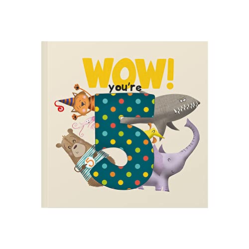 Children's gift book cover with a large number five and animal illustrations.