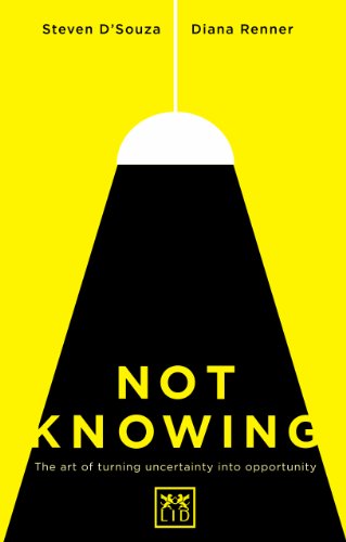 Book cover: yellow background, black triangle, white text "NOT KNOWING.