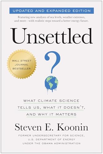 Book cover: “Unsettled” by Steven Koonin, with Earth and a question mark.