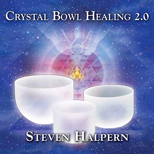 CD cover with crystal bowls and a glowing, geometric, spiritual design.
