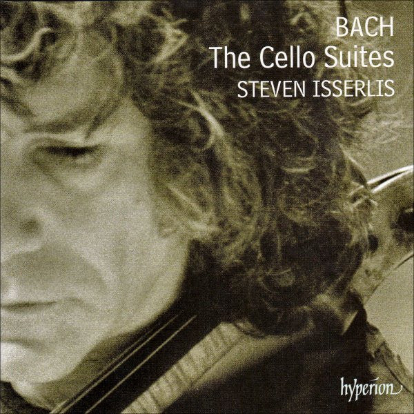 Close-up of Steven Isserlis with album title āBach: The Cello Suitesā.